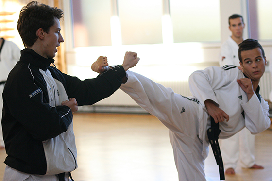 Daniel Albrecht (l.) vermittelt Einschrittkämpfe, die für Taekwondo-Shows optimiert sind.